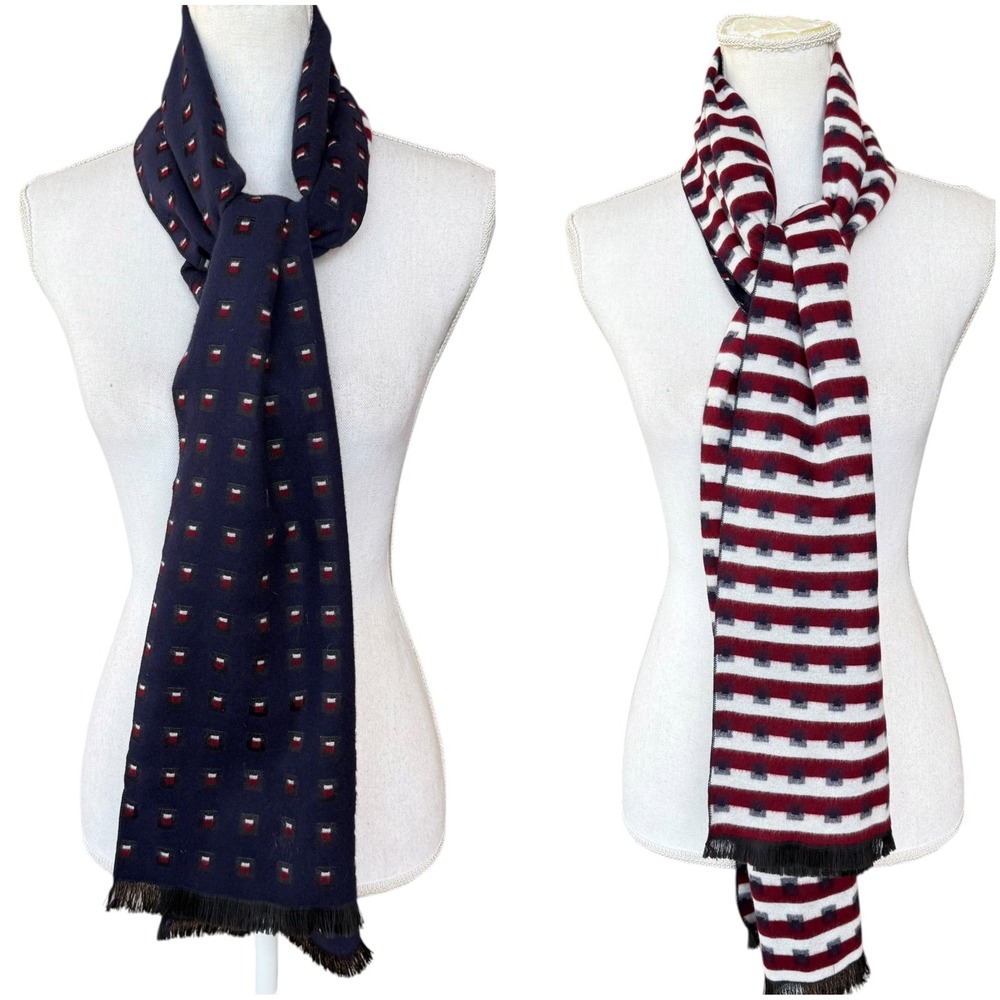 Wanted Italy Reversible Scarf Navy Blue Red Geometric Stripe Viscose Blend